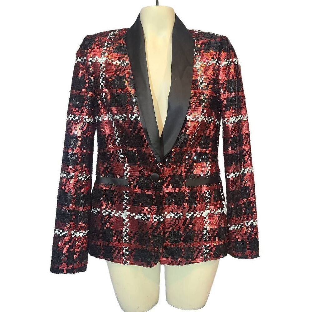 L'agence Red‎ & Black Plaid Sequin Blazer Size 2